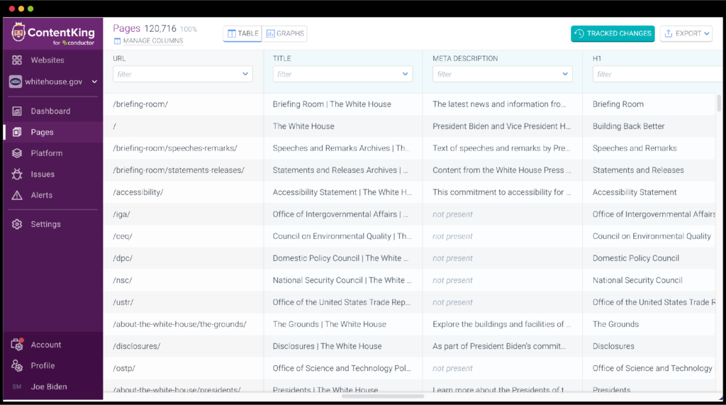 Screenshot of ContentKing monitoring feature.