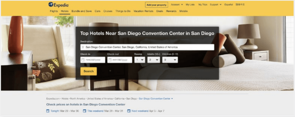 Search page for hotels near the San Diego convention center