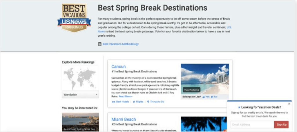 List of places to go for spring break