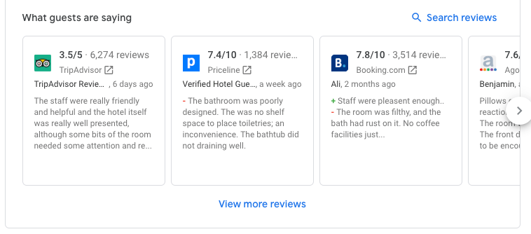 Reviews section of a hotel page on Google