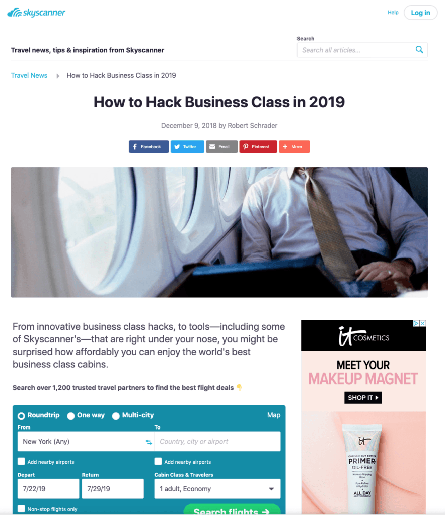 Skyscanner page with a content about business class integrated into the search page